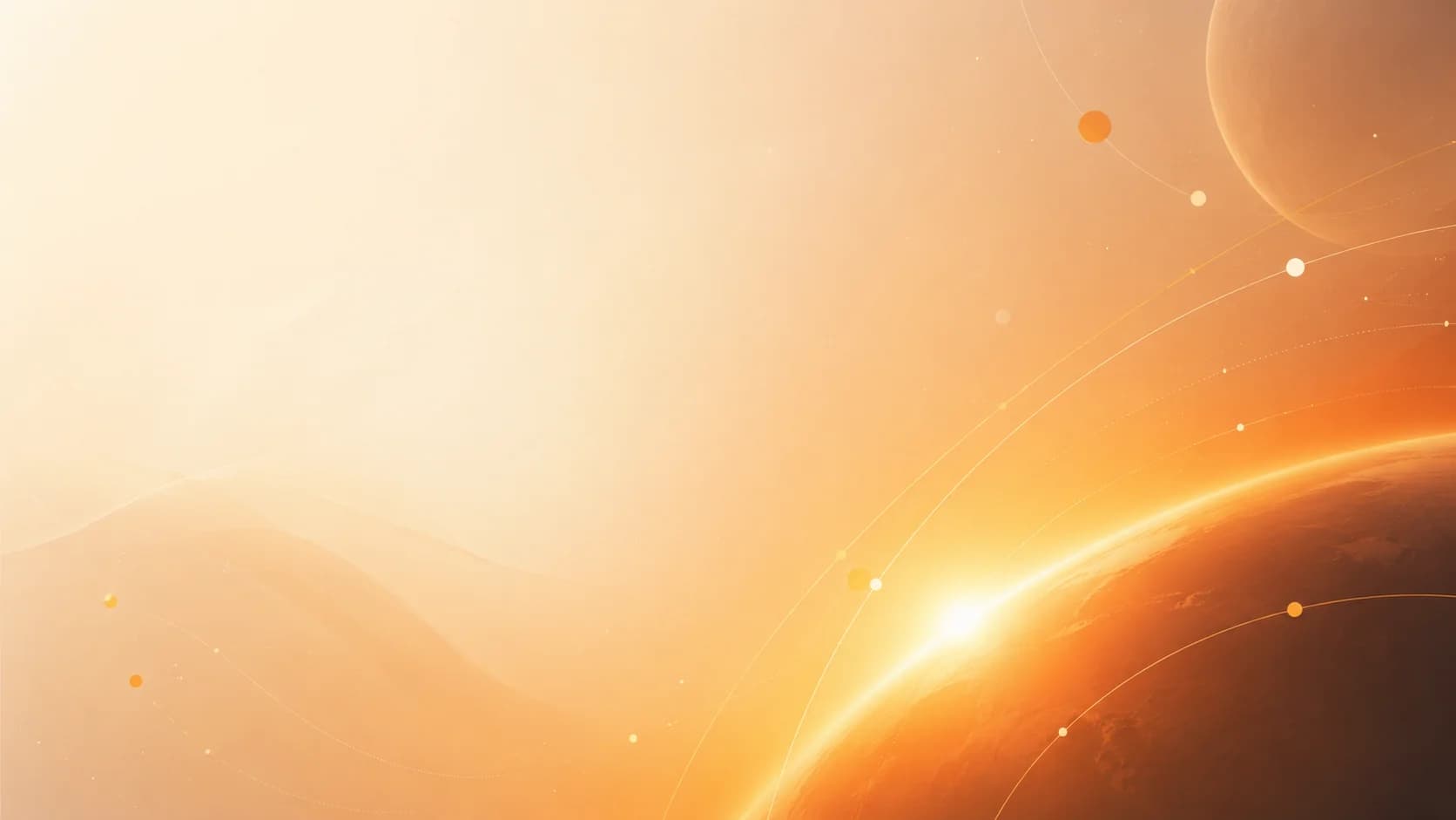 Abstract sunrise gradient with curved orbital lines and faint glow points, evoking signals drifting toward the horizon.
