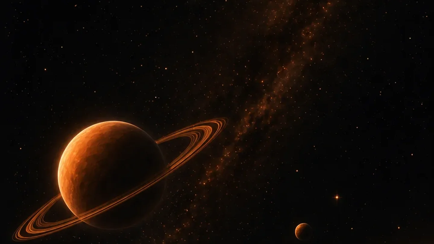 A warm amber ringed planet and a small moon drifting in a dark starfield